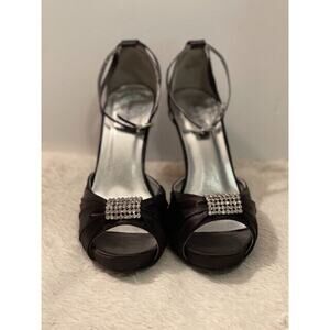 Helen's Heart Black Satin Heels with Crystal Embellishments at Peep Toe Size 9